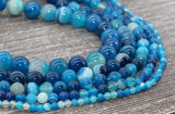 Blue Stripe Agate Beads, Natural Gemstone Smooth Round Beads, Sizes 4mm 6mm 8mm 10mm 12mm, Full Strand 15.5 inch, #38