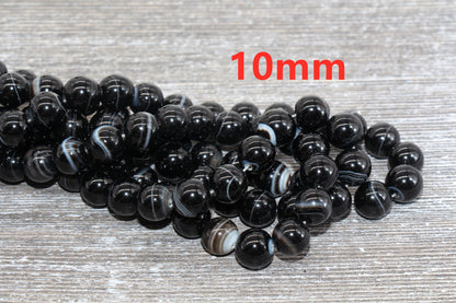 Black Stripe Agate Beads, Natural Gemstone Smooth Round Beads, Sizes 4mm 6mm 8mm 10mm 12mm, Full Strand 15.5 inch, #39