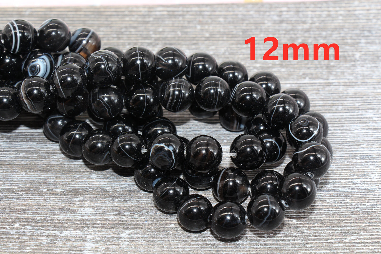 Black Stripe Agate Beads, Natural Gemstone Smooth Round Beads, Sizes 4mm 6mm 8mm 10mm 12mm, Full Strand 15.5 inch, #39