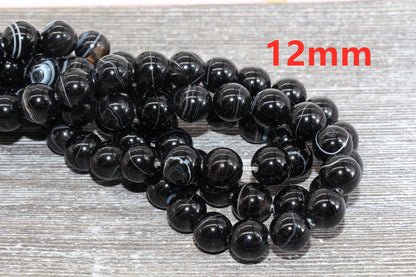 Black Stripe Agate Beads, Natural Gemstone Smooth Round Beads, Sizes 4mm 6mm 8mm 10mm 12mm, Full Strand 15.5 inch, #39