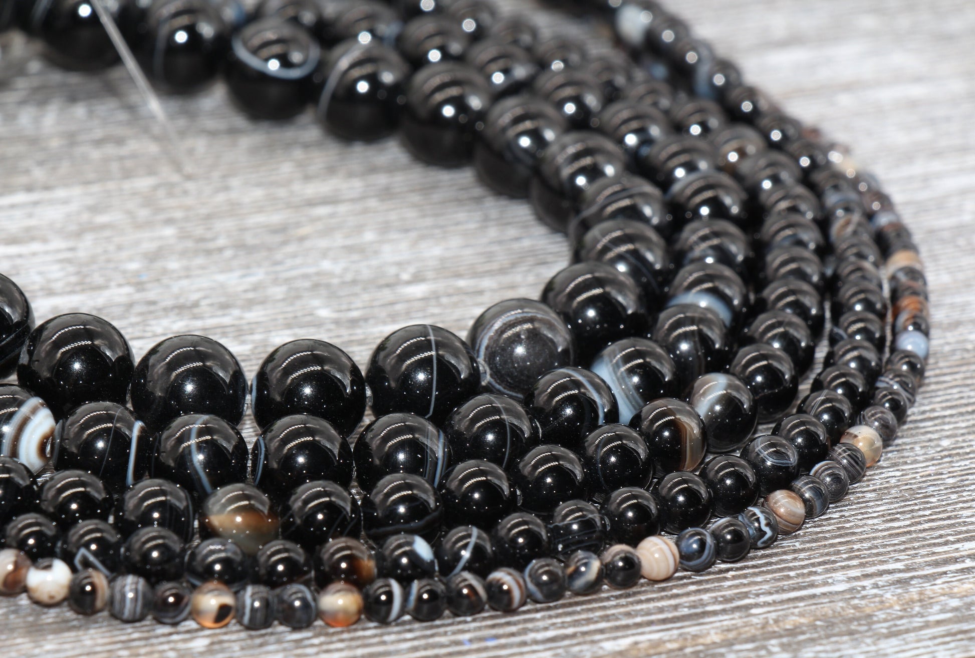 Black Stripe Agate Beads, Natural Gemstone Smooth Round Beads, Sizes 4mm 6mm 8mm 10mm 12mm, Full Strand 15.5 inch, #39