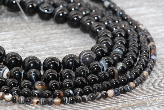 Black Stripe Agate Beads, Natural Gemstone Smooth Round Beads, Sizes 4mm 6mm 8mm 10mm 12mm, Full Strand 15.5 inch, #39