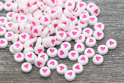 Pink Heart Beads, Acrylic Heart Beads, White Beads with Pink Heart Symbols, Acrylic Symbol Beads, Size 7mm #120