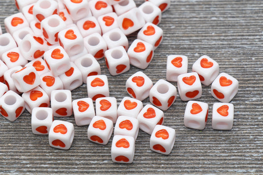 Orange Heart Cube Beads, Orange and White Acrylic Heart Cube Beads, Heart Square Beads, Heart Symbol Beads Size 7mm #167