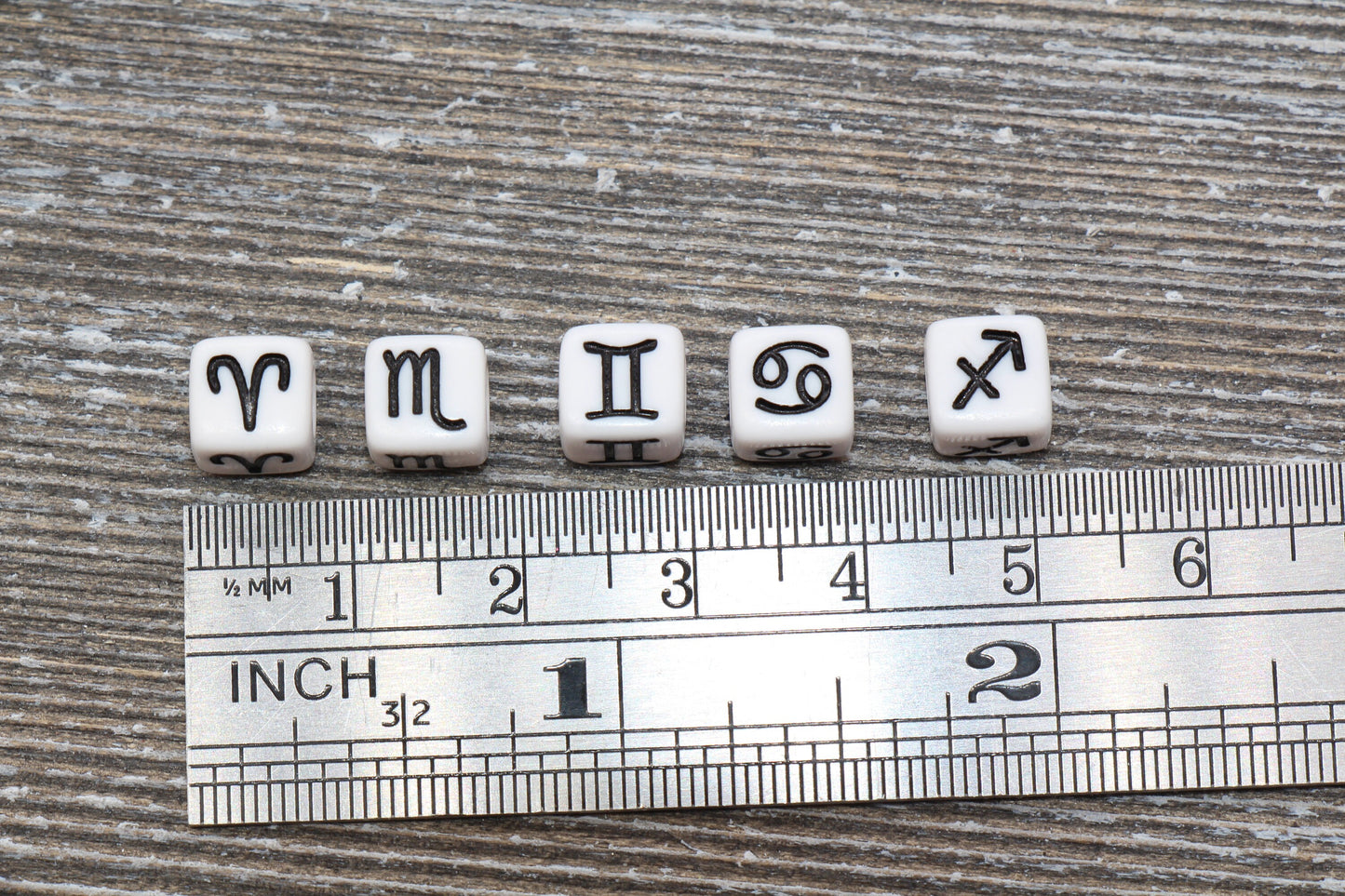 Zodiac Cube Beads, White Beads with Black Zodiac Symbols, Acrylic Cube Zodiac Beads, Plastic Square Zodiac Beads, Size 7mm #196