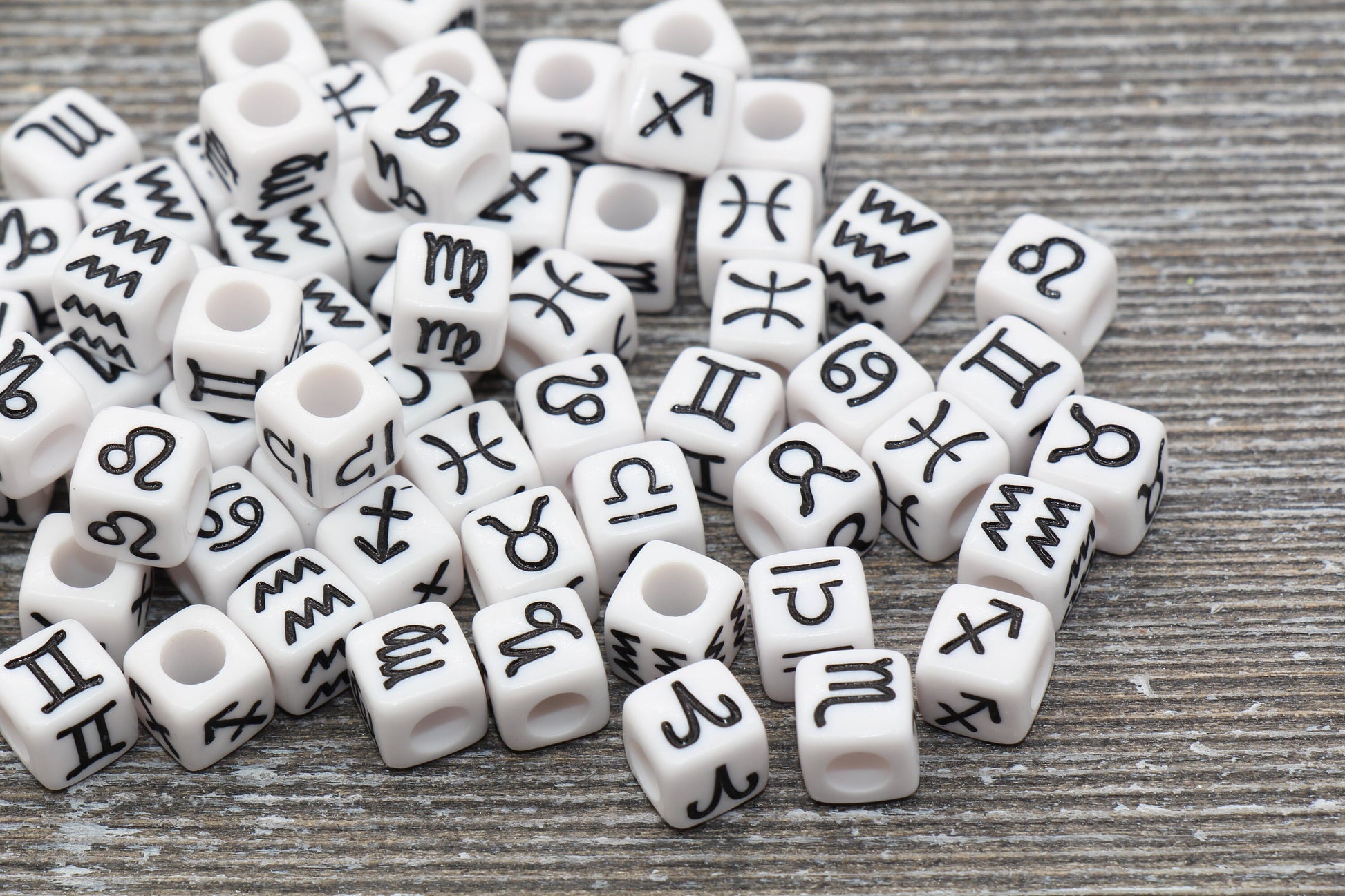 Zodiac Cube Beads, White Beads with Black Zodiac Symbols, Acrylic Cube Zodiac Beads, Plastic Square Zodiac Beads, Size 7mm #196