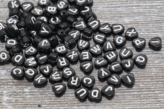 Black Heart Alphabet Letter Beads, Black and White Heart Letters Beads, Mixed Acrylic Alphabet Beads, Heart Alphabet Name Beads 7mm #231