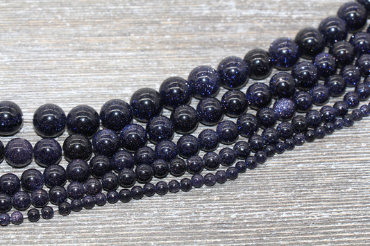 Blue Sandstone Beads, Blue Goldstone Beads, Smooth Gemstones Round Beads, Sizes 4mm 6mm 8mm 10mm,12mm, Full Strand 15.5" #46