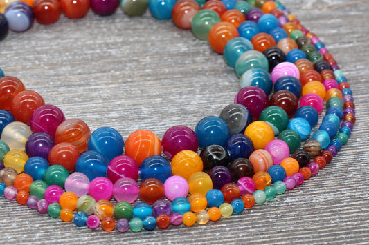 Rainbow Stripe Agate Beads, Multicolor Stripe Agate Beads, Smooth Gemstones Round Beads, Sizes 4mm 6mm 8mm 10mm,12mm, Full Strand 15.5" #49