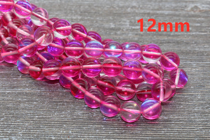 Hot Pink Mystic Aura Quartz Beads, Holographic Gemstone Smooth Round Loose Beads, Iridescent Beads, Sizes 6mm 8mm 10mm 12mm, Full Strand #58