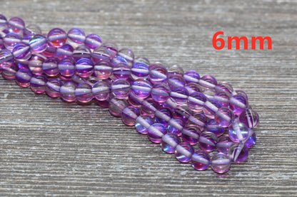 Purple Mystic Aura Quartz Beads, Holographic Gemstone Smooth Round Loose Beads, Iridescent Beads, Sizes 6mm 8mm 10mm 12mm, Full Strand #59