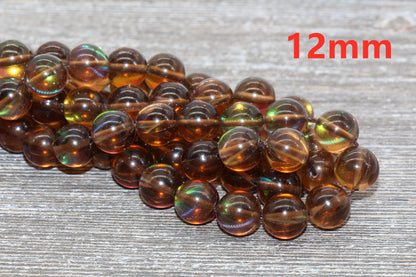 Brown Mystic Aura Quartz Beads, Holographic Gemstone Smooth Round Loose Beads, Iridescent Beads, Sizes 6mm 8mm 10mm 12mm, Full Strand #60