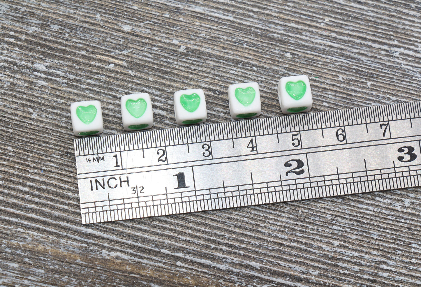 Green Heart Cube Beads, Green and White Acrylic Heart Cube Beads, Heart Square Beads, Size 7mm #168