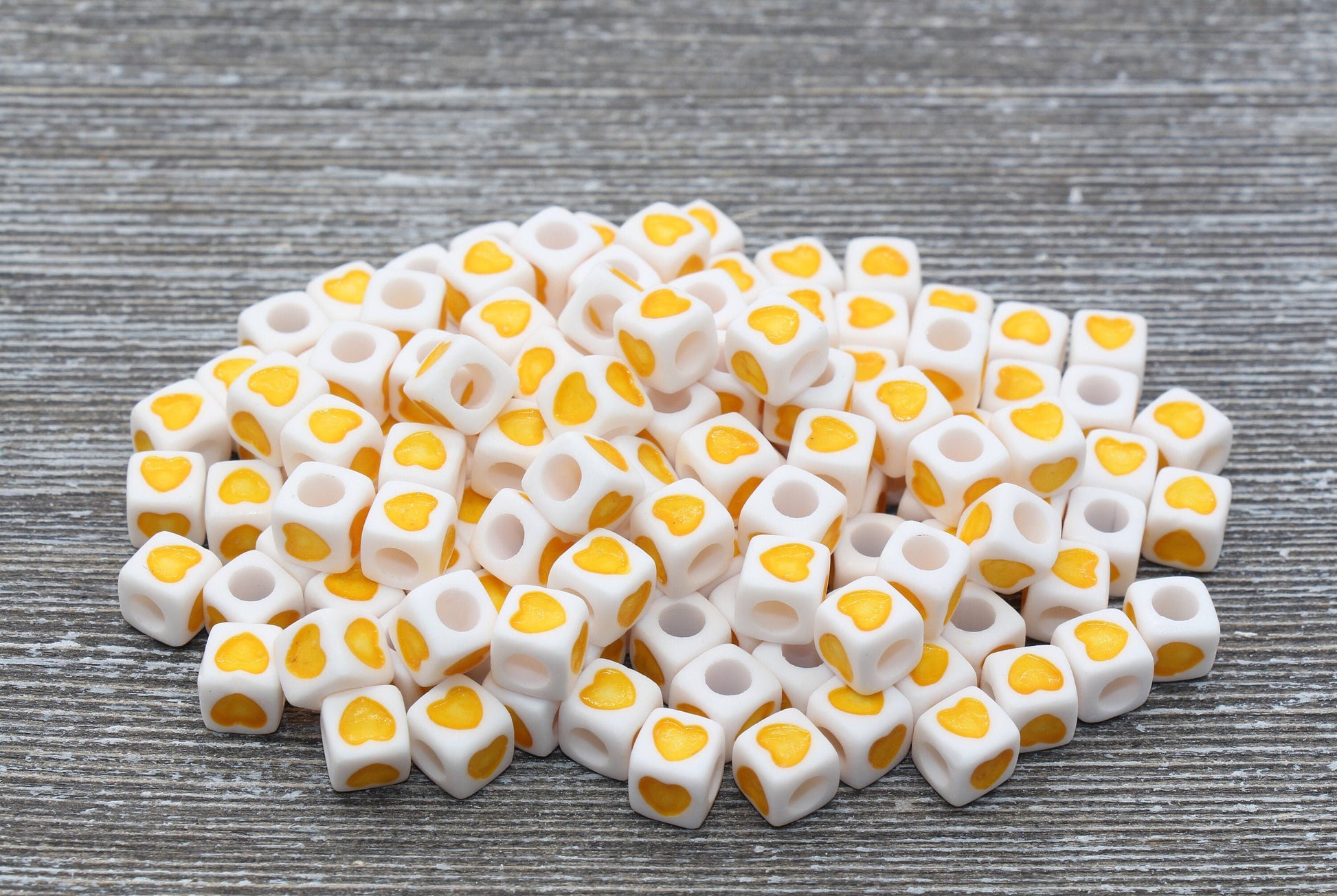 Yellow Heart Cube Beads, Yellow and White Acrylic Heart Cube Beads, Heart Square Beads, Size 7mm #171