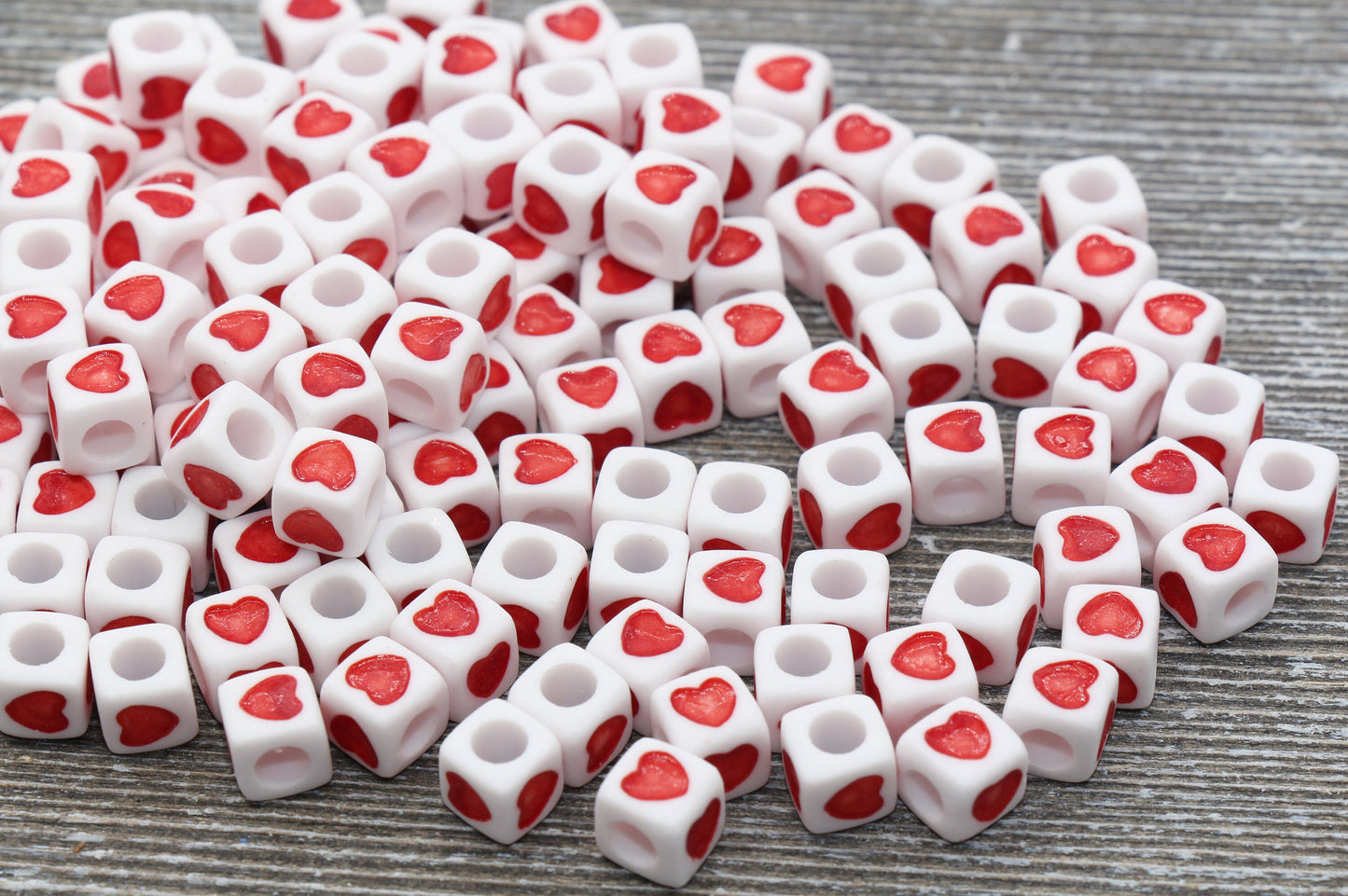 Red Heart Cube Beads, White Beads with Red Hearts, Heart Square Beads, Size 7mm #172