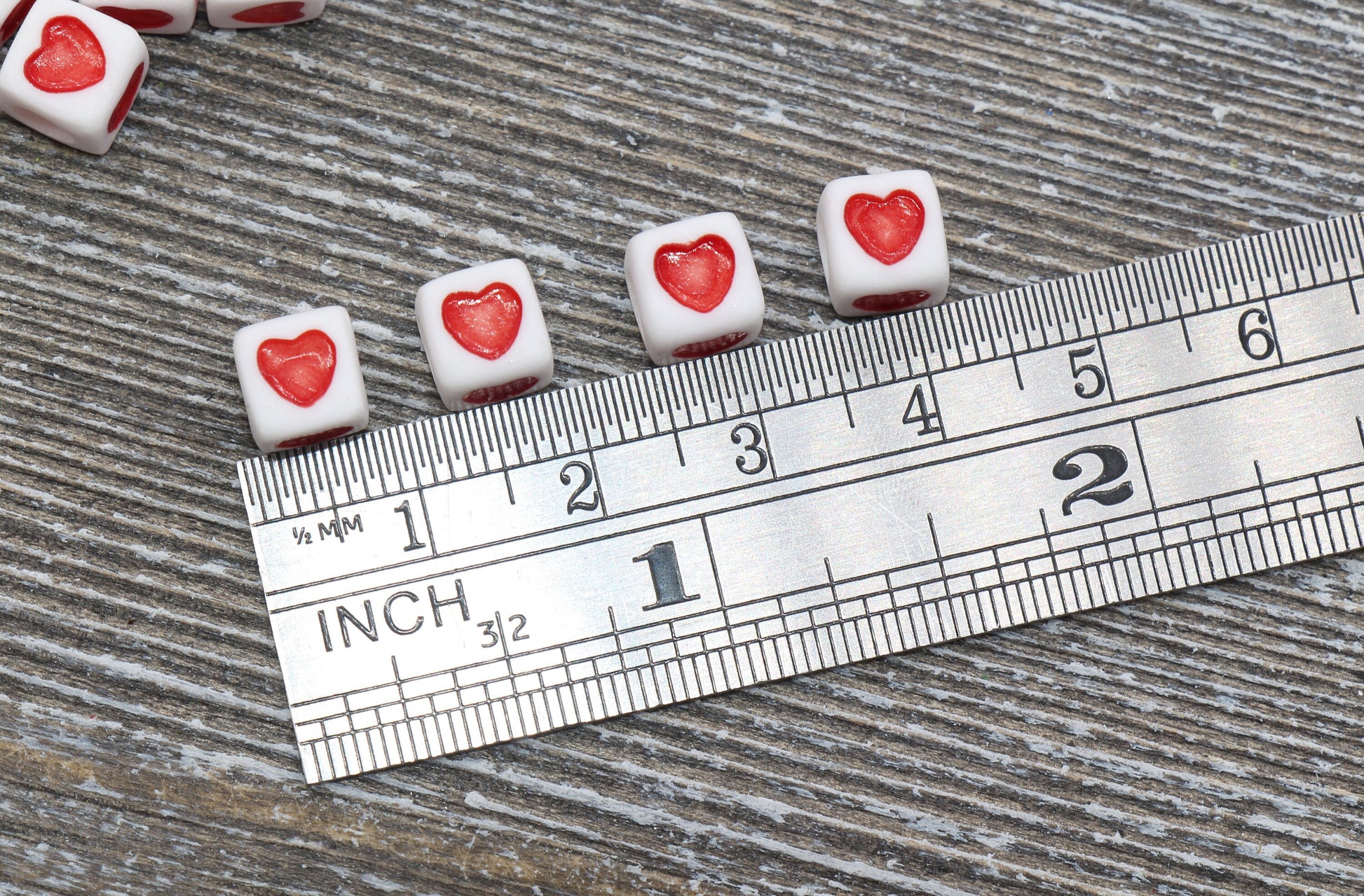 Red Heart Cube Beads, White Beads with Red Hearts, Heart Square Beads, Size 7mm #172