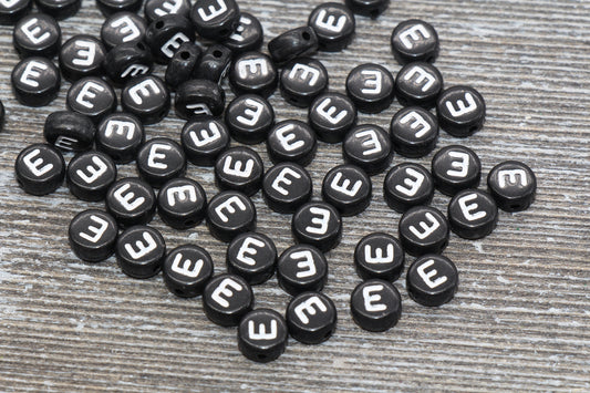 Letter E Alphabet Beads, Black Alphabet Letter Beads, Acrylic Black and White Letters Beads, Round Acrylic Beads, Name Beads, Size 7mm