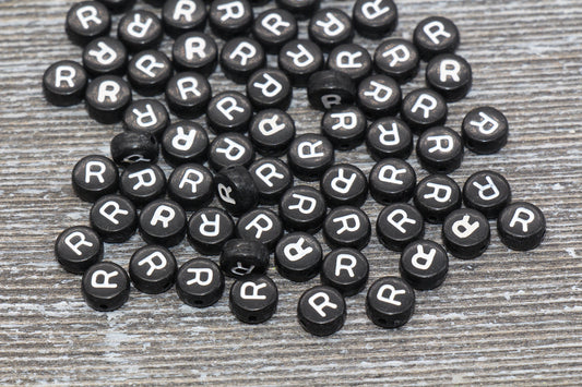 Letter R Alphabet Beads, Black Alphabet Letter Beads, Acrylic Black and White Letters Beads, Round Acrylic Beads, Name Beads, Size 7mm