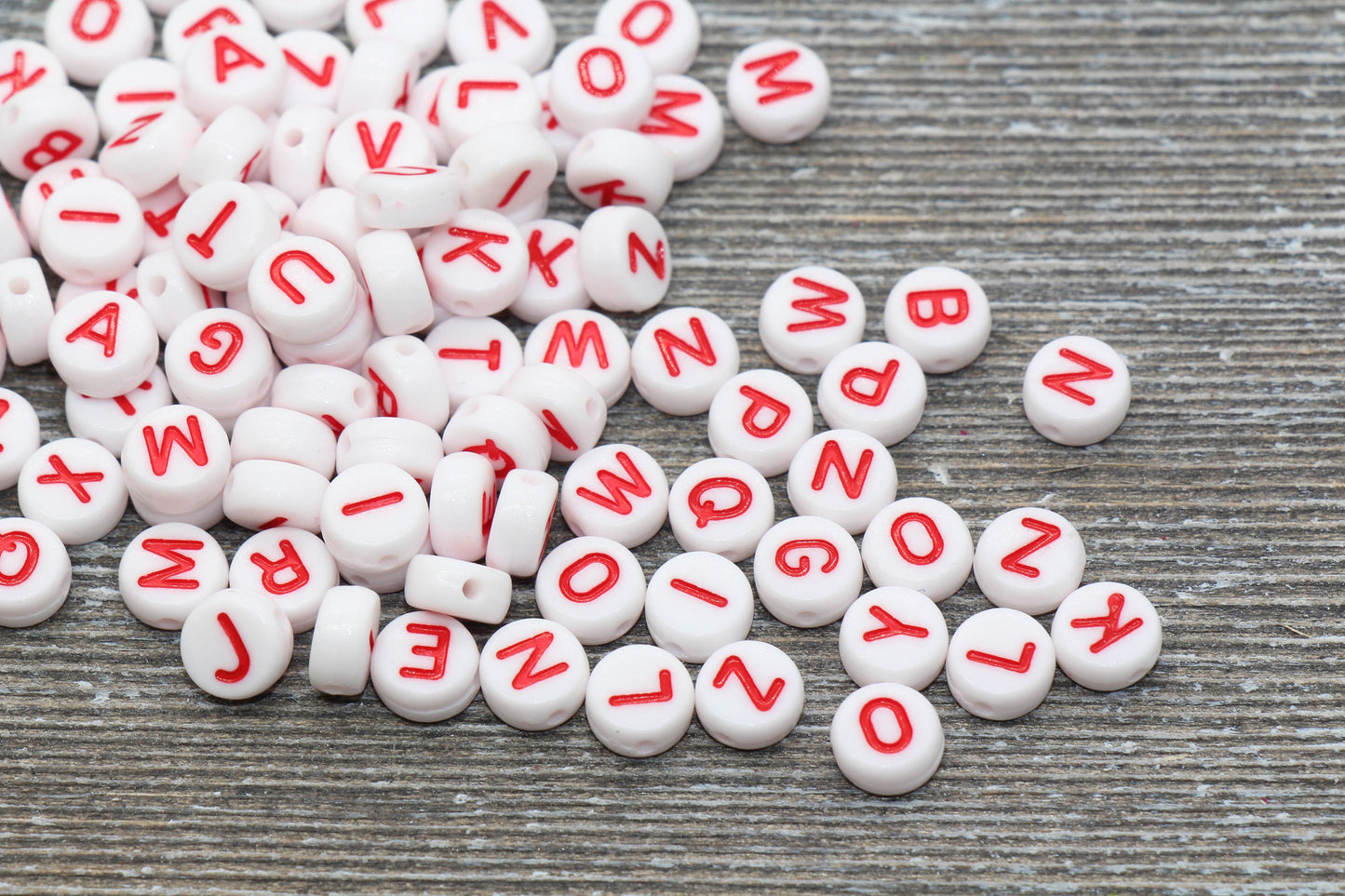 White and Red Alphabet Letter Beads, Acrylic White Letters Beads, Round Acrylic Beads, Mixed Letter Beads, Plastic Name Beads 7mm #352