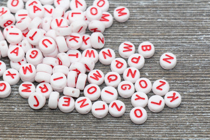 White and Red Alphabet Letter Beads, Acrylic White Letters Beads, Round Acrylic Beads, Mixed Letter Beads, Plastic Name Beads 7mm #352