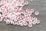 White and Red Alphabet Letter Beads, Acrylic White Letters Beads, Round Acrylic Beads, Mixed Letter Beads, Plastic Name Beads 7mm #352
