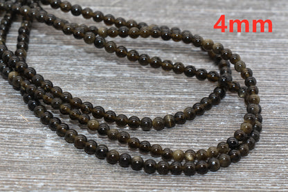 Golden Obsidian Beads, Black Beads Gemstone Smooth Round Loose Beads, Sizes 4mm 6mm 8mm 10mm 12mm, Full Strand 15.5 inch, #21