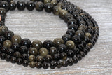 Golden Obsidian Beads, Black Beads Gemstone Smooth Round Loose Beads, Sizes 4mm 6mm 8mm 10mm 12mm, Full Strand 15.5 inch, #21