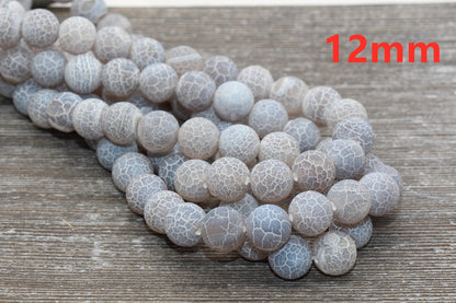 Gray Effloresce Agate Beads, Crackled Agate Bead, Frosted Round Matte Gemstone Loose Beads, 4mm 6mm 8mm 10mm 12mm, Full Strand, #129