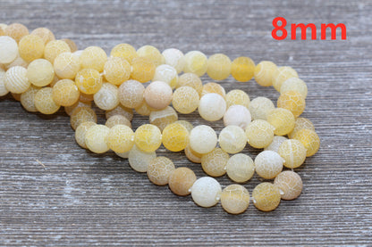 Yellow Effloresce Agate Beads, Crackled Agate Bead, Frosted Round Matte Gemstone Loose Beads, 4mm 6mm 8mm 10mm 12mm, Full Strand, #132