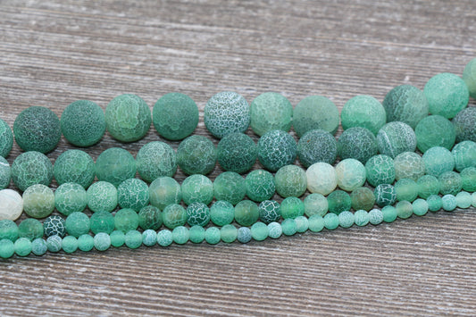 Green Effloresce Agate Beads, Frosted Agate Beads, Crackled Agate Bead, Round Matte Gemstone, 4mm 6mm 8mm 10mm 12mm, Full Strand 15.5 #109