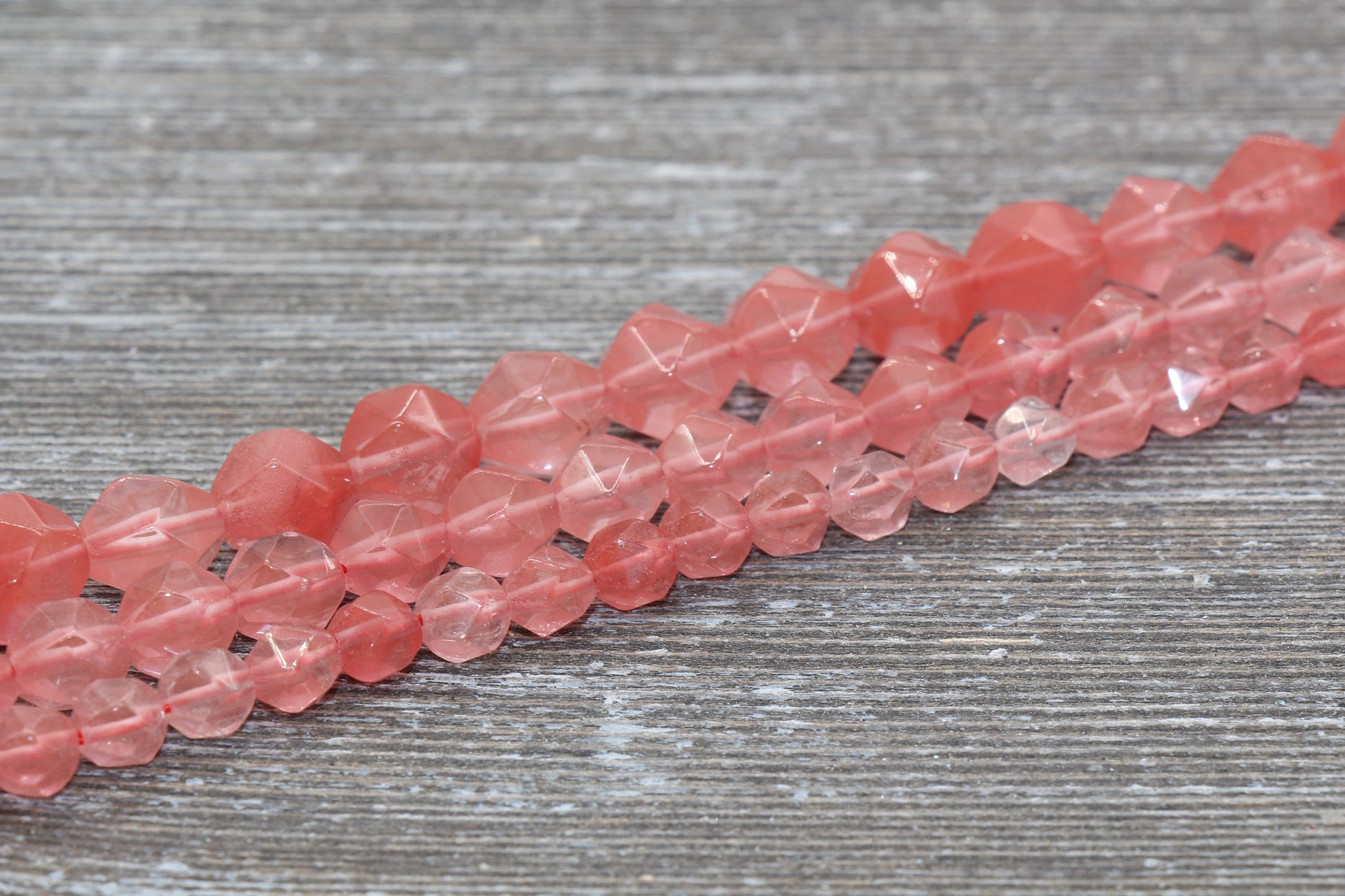 Cherry Quartz Beads, Star Cut Beads, Faceted Gemstones Loose Beads, Diamond Cut Beads, Sizes 6mm 8mm 10mm, Full Strand 15.5 inch, #133
