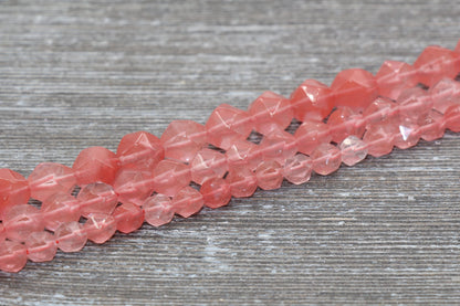 Cherry Quartz Beads, Star Cut Beads, Faceted Gemstones Loose Beads, Diamond Cut Beads, Sizes 6mm 8mm 10mm, Full Strand 15.5 inch, #133