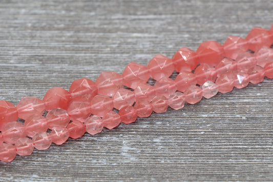 Cherry Quartz Beads, Star Cut Beads, Faceted Gemstones Loose Beads, Diamond Cut Beads, Sizes 6mm 8mm 10mm, Full Strand 15.5 inch, #133