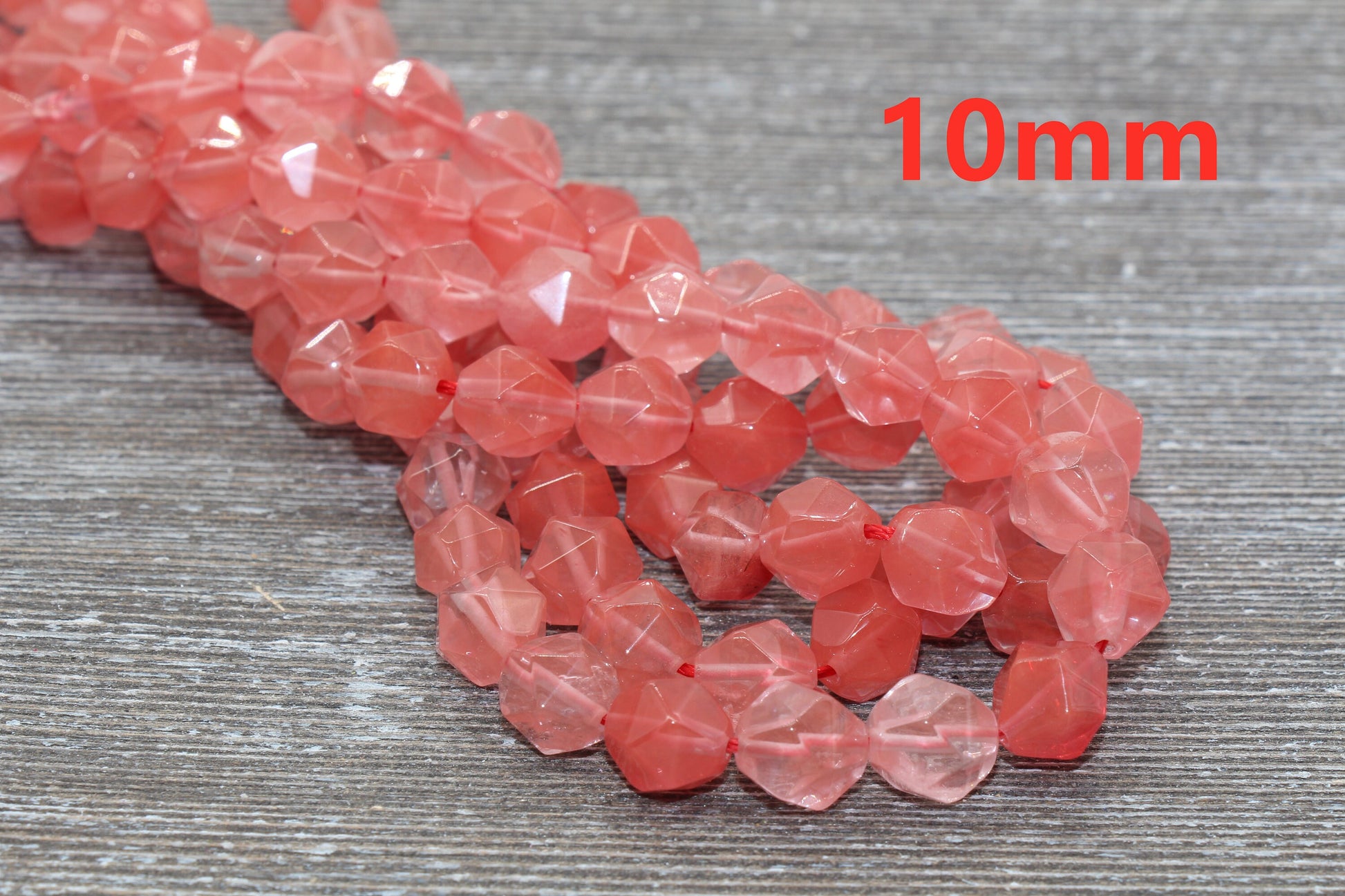 Cherry Quartz Beads, Star Cut Beads, Faceted Gemstones Loose Beads, Diamond Cut Beads, Sizes 6mm 8mm 10mm, Full Strand 15.5 inch, #133