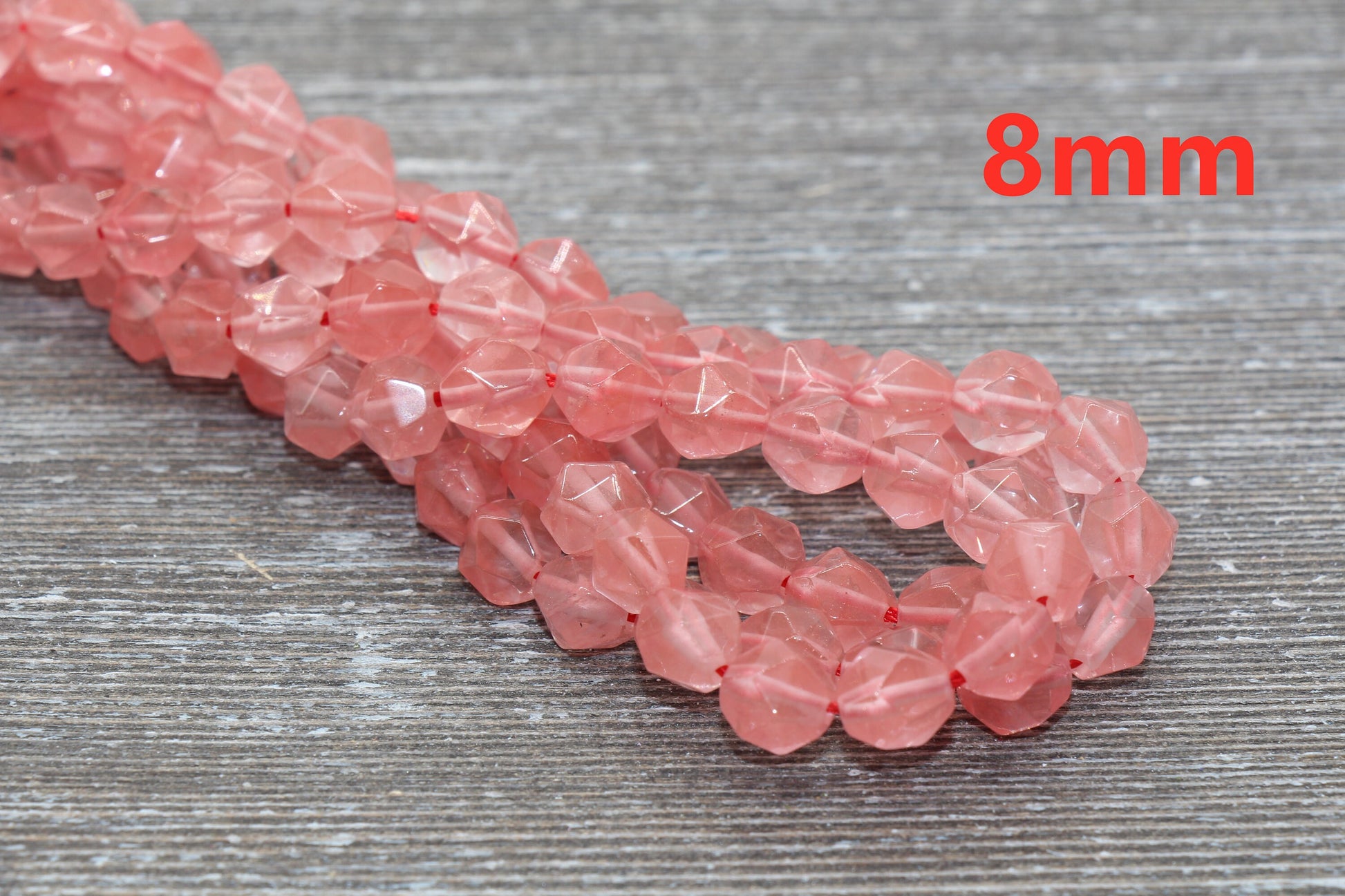 Cherry Quartz Beads, Star Cut Beads, Faceted Gemstones Loose Beads, Diamond Cut Beads, Sizes 6mm 8mm 10mm, Full Strand 15.5 inch, #133