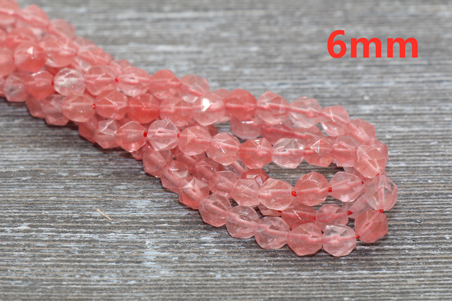 Cherry Quartz Beads, Star Cut Beads, Faceted Gemstones Loose Beads, Diamond Cut Beads, Sizes 6mm 8mm 10mm, Full Strand 15.5 inch, #133