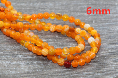 Orange Stripe Agate Beads, Natural Gemstone Smooth Round Beads, Sizes 4mm 6mm 8mm 10mm 12mm, Full Strand 15.5 inch, #134