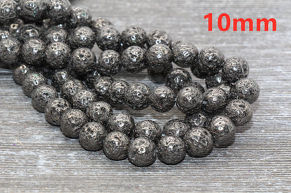Lava Beads, Gun Metal Plating Volcanic Rock Beads, Round Gemstone Beads, Electroplated, Sizes 6mm, 8mm 10mm, Full Strand 15.5 #139