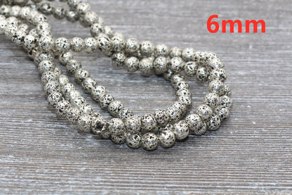 Lava Beads, Silver Plating Volcanic Rock Beads, Round Gemstone Beads, Electroplated, Sizes 6mm, 8mm 10mm, Full Strand 15.5 #140