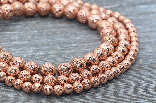 Lava Beads, Rose Gold Plating Volcanic Rock Beads, Round Gemstone Beads, Electroplated, Sizes 6mm, 8mm 10mm, Full Strand 15.5 #143