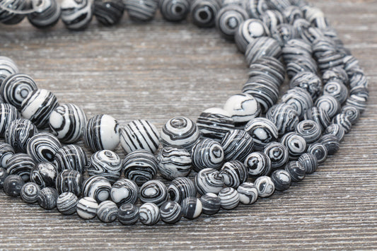 Peacock Stone Beads, Black White Malachite Synthetic Beads, Smooth Gemstone Round Beads, Sizes 4mm 6mm 8mm 10mm 12mm, Full Strand, #100