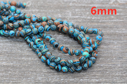 Peacock Stone Beads, Malachite Synthetic Beads, Smooth Gemstone Round Beads, Blue Brown and Black Beads, Sizes 6mm 8mm 10mm 12mm #98