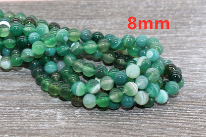 Green Stripe Agate Beads, Natural Gemstone Smooth Round Beads, Sizes 4mm 6mm 8mm 10mm 12mm, Full Strand 15.5 inch, #32