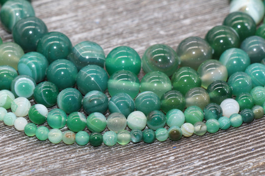 Green Stripe Agate Beads, Natural Gemstone Smooth Round Beads, Sizes 4mm 6mm 8mm 10mm 12mm, Full Strand 15.5 inch, #32