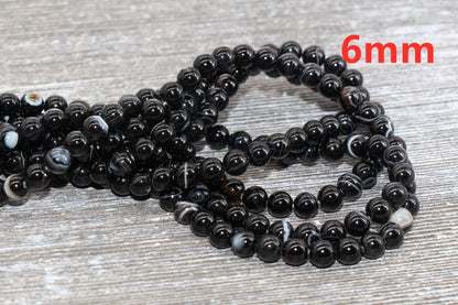 Black Stripe Agate Beads, Natural Gemstone Smooth Round Beads, Sizes 4mm 6mm 8mm 10mm 12mm, Full Strand 15.5 inch, #39