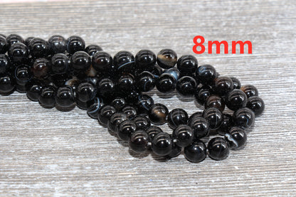 Black Stripe Agate Beads, Natural Gemstone Smooth Round Beads, Sizes 4mm 6mm 8mm 10mm 12mm, Full Strand 15.5 inch, #39