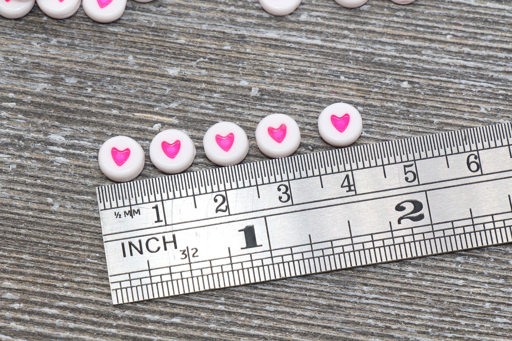 Pink Heart Beads, Acrylic Heart Beads, White Beads with Pink Heart Symbols, Acrylic Symbol Beads, Size 7mm #120