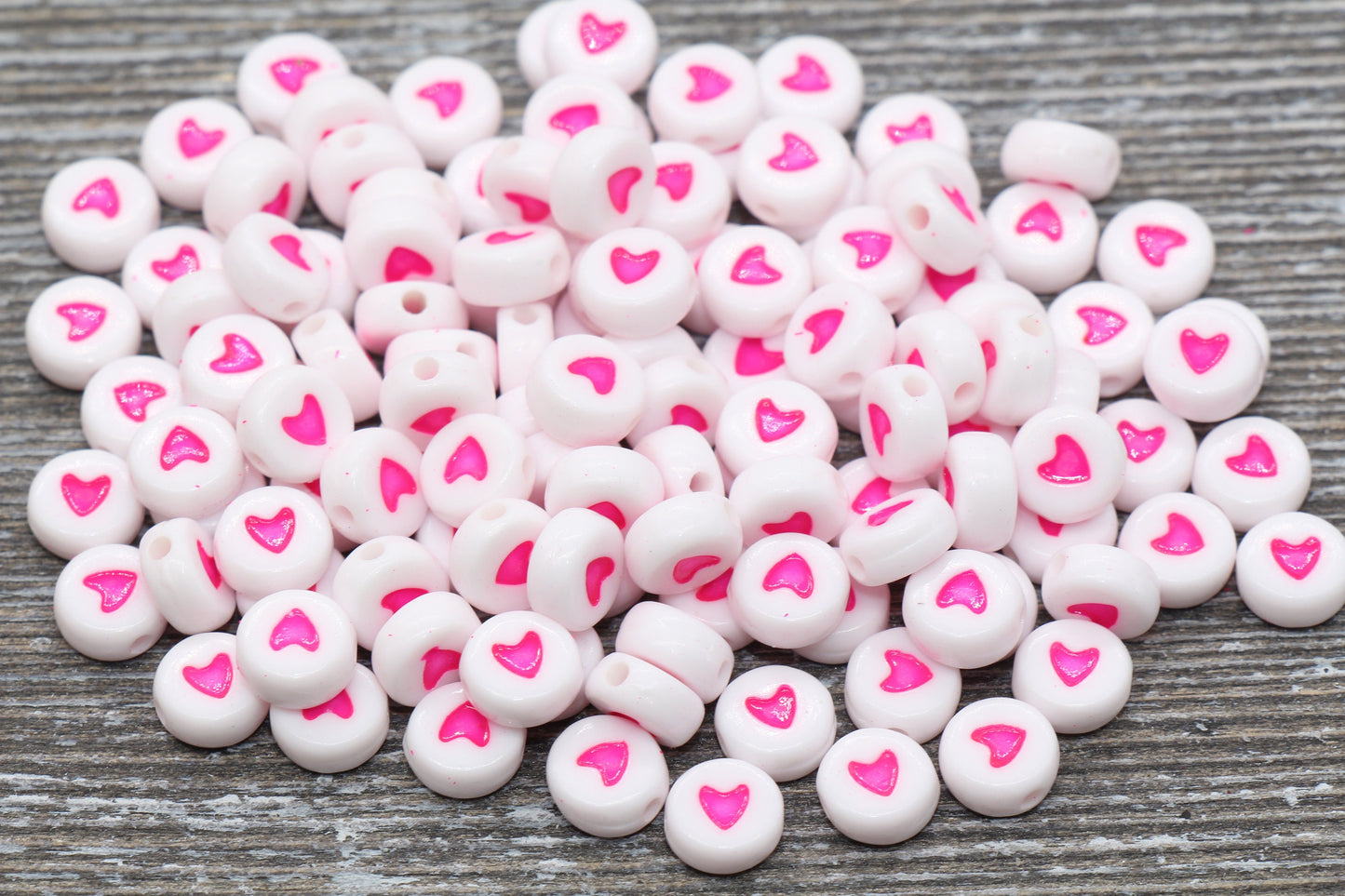 Pink Heart Beads, Acrylic Heart Beads, White Beads with Pink Heart Symbols, Acrylic Symbol Beads, Size 7mm #120