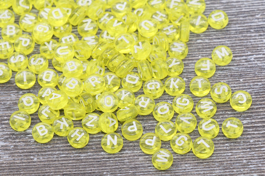 Yellow Alphabet Letter Beads, Translucent Acrylic Yellow Letters Beads, Round Acrylic Beads, Mix Letters Beads, Name Beads 7mm #126