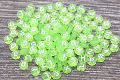 Green Alphabet Letter Beads, Translucent Acrylic Green Letters Beads, Round Acrylic Beads, Mix Letters Beads, Name Beads 7mm #128